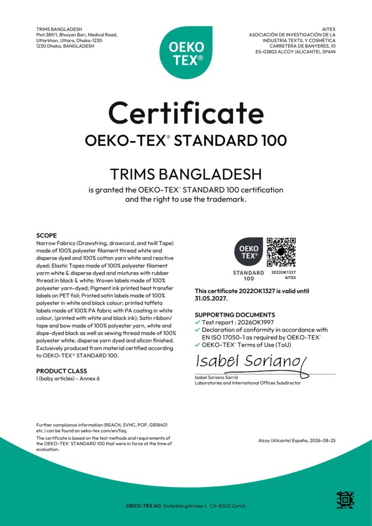 OEKO-TEX Standard 100 certificate 2022OK1327, issued to Trims Bangladesh by AITEX, valid until 31 May 2027